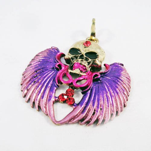 Bdp22 - grande breloque pendentif tête de mort ailes ange violet et rose bronze vieilli antique vintage et cristal 