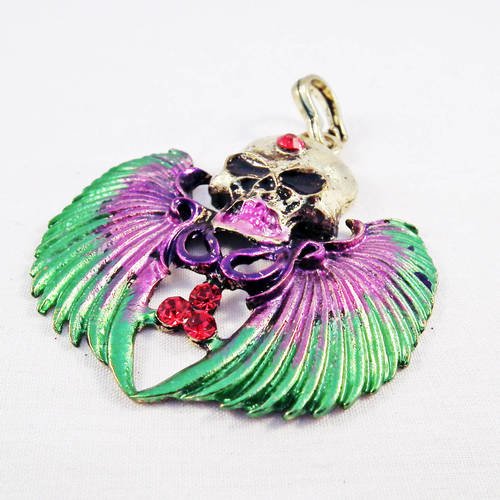 Bdp23 - grande breloque pendentif tête de mort ailes ange violet et vertes bronze vieilli antique vintage et cristal 