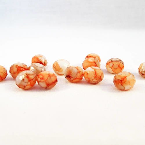 Pdl132 - 5 perles précieuses pêche orangé blanc à motifs 8x6mm en verre cristal à reflet 