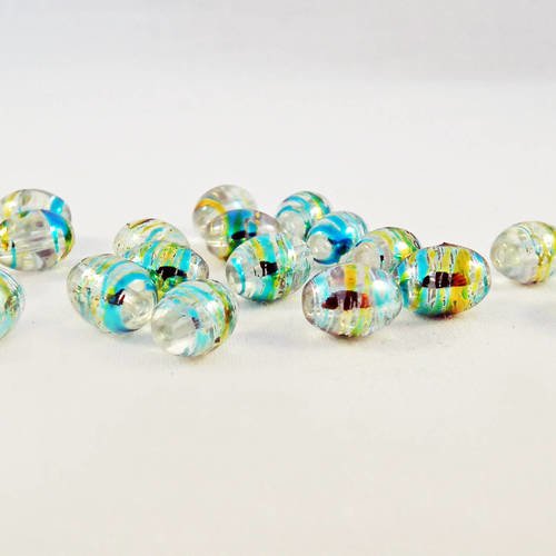 Pdl92 - 5 perles ovales en verre transparent motifs vert bleu jaune rayure moucheté 