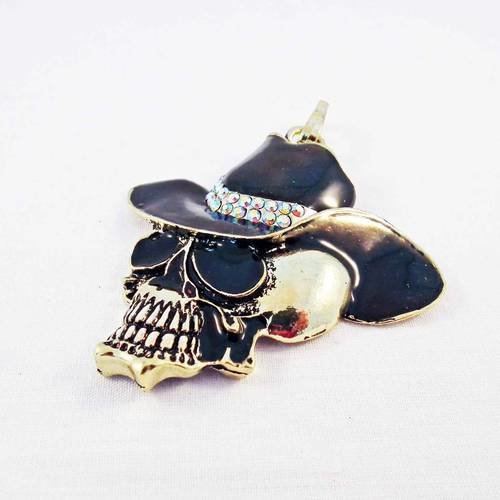 Grande breloque pendentif tête de mort chapeau cow boy bronze cristal strass noir cuivré yeux noir 