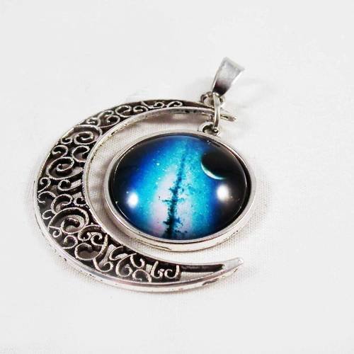 Cac46 - breloque pendentif cabochon lune motif planètes galaxies étoiles argent vieilli avec bélière 