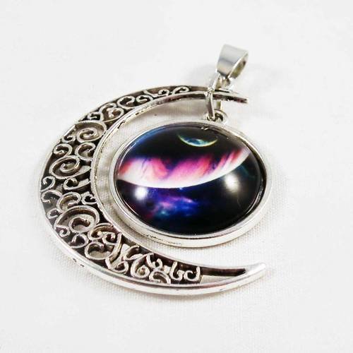 Breloque pendentif cabochon motif planètes galaxies étoiles argent vieilli avec bélière 