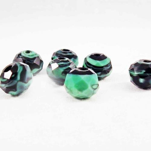 Pdl41 - 2 perles en verre lampwork vert aqua et noir zébré à facettes motifs rayures de 10mm 