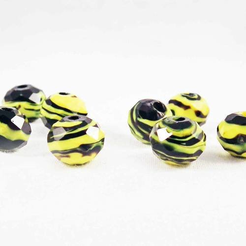 Pdl42 - 2 perles en verre lampwork jaune et noir zébré à facettes motifs rayures de 10mm 