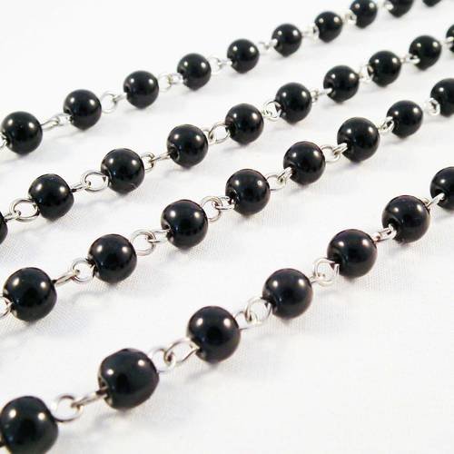 Ch23 - 30cm de chaîne argenté avec perles en acryliques noirs de 6mm de diamètre 