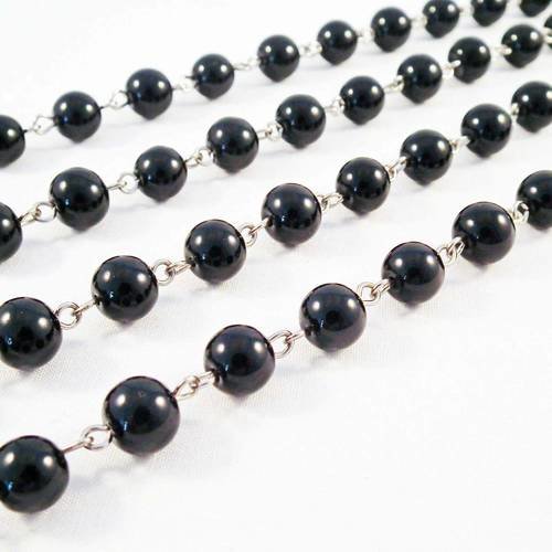 Ch24 - 30cm de chaîne argenté avec perles en acryliques noirs de 8mm de diamètre 