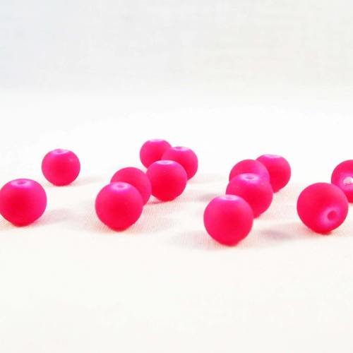 Pmc11 - 5 perles en verre texture mat caoutchouc rose foncé fluo de 6mm de diamètre 