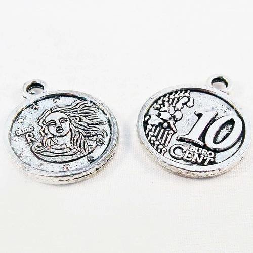 Bp02f - lot de 2 breloques pendentifs médaille médaillon charm pièce de monnaie euro argent tibétain 