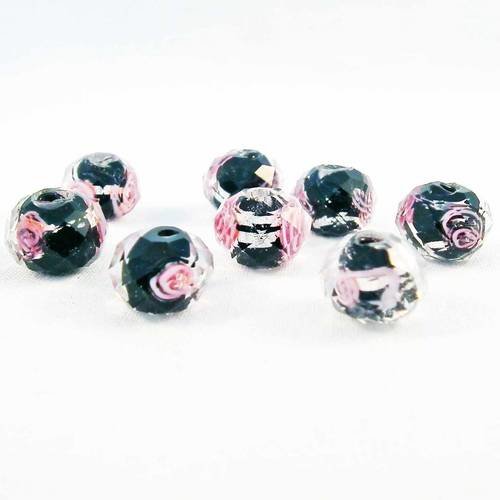 Pdl29 - 2 perles en verre lampwork noir à facettes motifs intérieur fleurs roses de 10mm x 7.5mm 