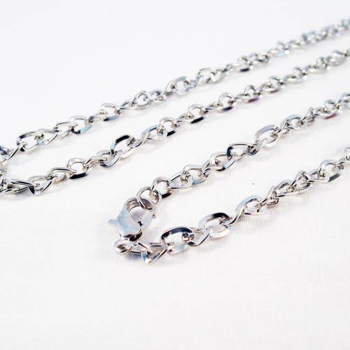 Sbc69 - collier à chaîne 72cm mailles ovales plates argenté avec fermoir à mousqueton 