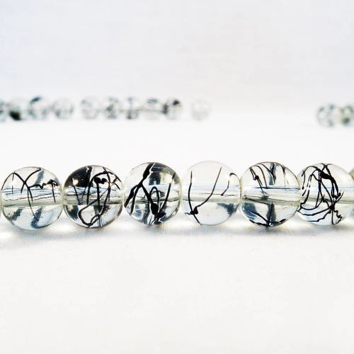 Pdl73 - 5 perles en verre teintes gris blanc noir transparent à motifs zébré rayures de 10mm de diamètre rare 