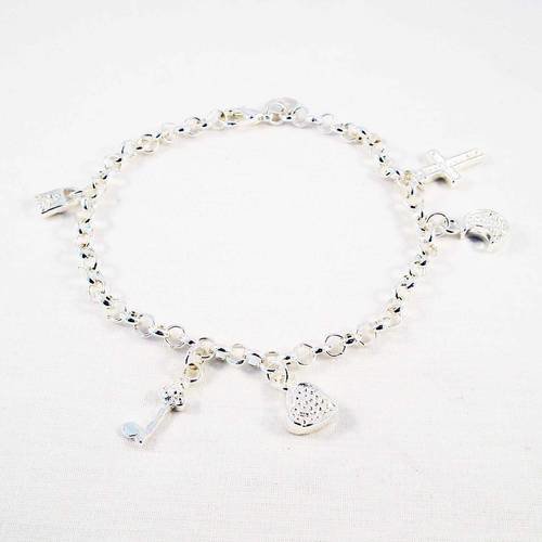Support bracelet plaqué argent 925 avec breloques cadenas clé coeur lune et croix 