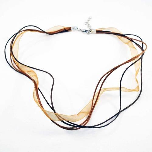 Collier organza ruban et coton teintes de marron avec fermoir à mousqueton argenté 
