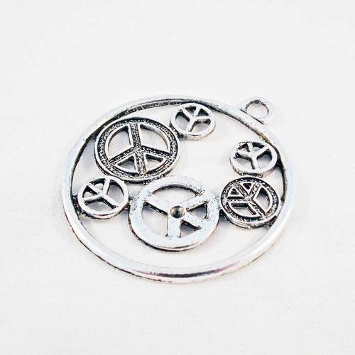 Grande breloque pendentif médaille médaillon signe de paix "peace and love" argent vieilli 