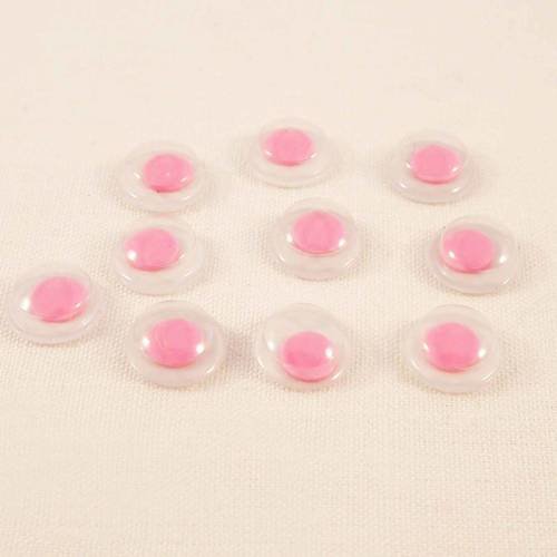 Ici61 - lot de 10 demi-perles de 7mm en acrylique à coller scrapbook yeux oeil rose et blanc centre movible 