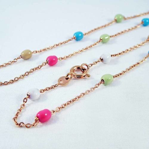 Collier 44cm chaîne mailles très fines doré antique foncé avec perles multicolores avec fermoir rond 