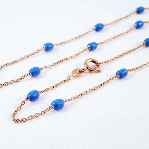Sbc17 - collier 44cm chaîne mailles très fines doré antique foncé avec perles bleues avec fermoir 