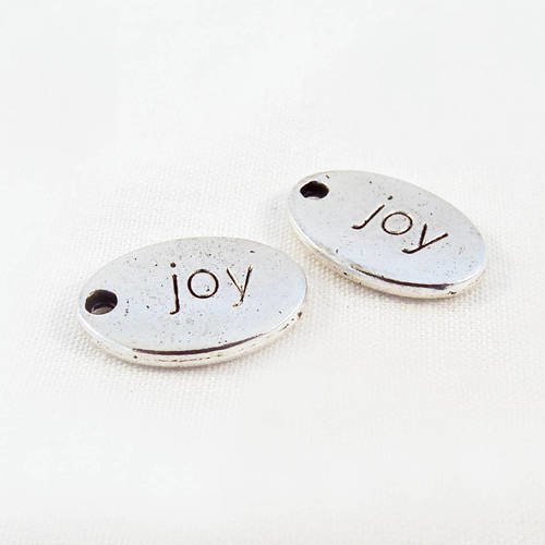 Bz22 - lot de 2 breloques médaille médaillon ovale argent vieilli "joy" joie 