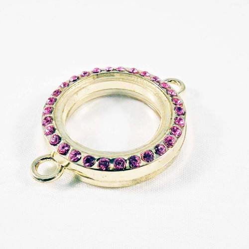 Pendentif connecteur 2 trous doré à strass rose à ouverture fenêtre en verre pour insertion de breloques charms flottants mobiles 