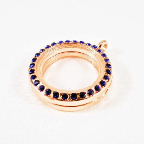 Ici02 - pendentif plaqué or rose à strass bleu à ouverture fenêtre en verre pour insertion de breloques charms flottants mobiles 