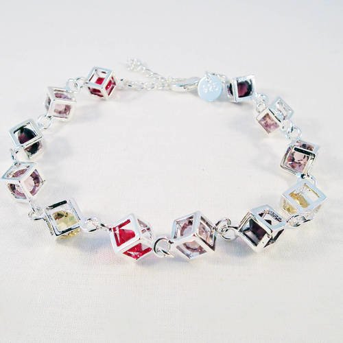 Sbc09 - joli support bracelet cubes et perles cristal de couleurs mixtes plaquette argenté 925 