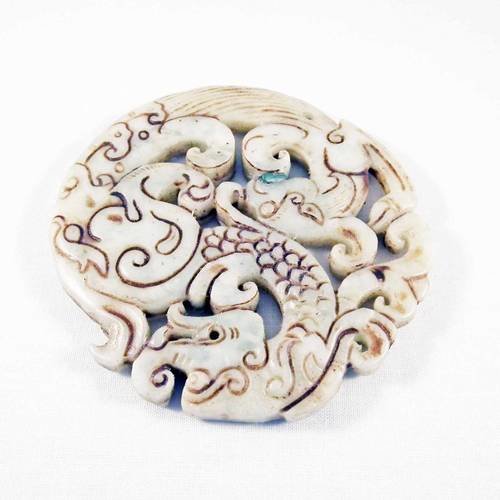 Magnifique grande breloque pendentif en jade blanc à motifs anciens asiatiques dragon poisson 
