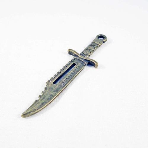 Grand pendentif breloque couteau survie forêt arme bronze vieilli 