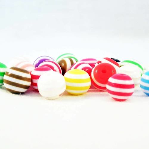 Pd17m - lot de 5 perles à rayures multicolore couleurs mixtes et blanc zébrées rayures de 8mm de diamètre bateau mer plage 