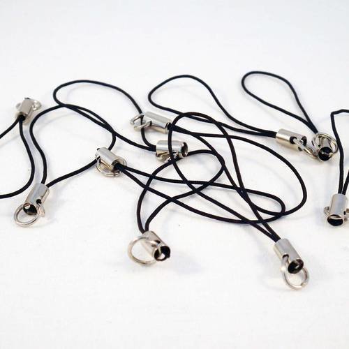 Lot de 10 attache breloque pour téléphone portable ou autre création fil noir monture argenté 