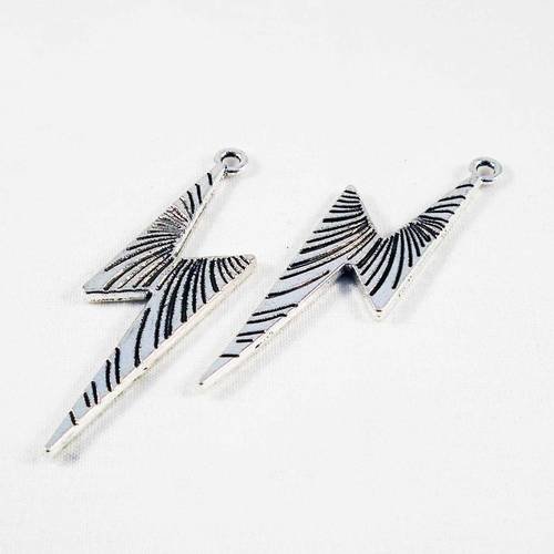 Bdp103 - lot de 2 breloques pendentifs éclair zig zag à motifs rayures en argent vieilli 