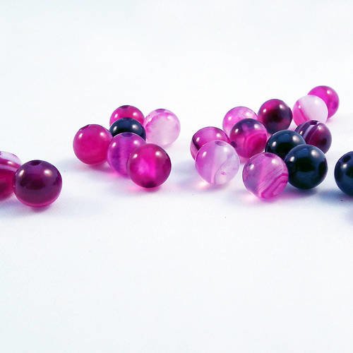 Pfm16p - lot de 10 perles en agate onyx ronde aaa de 6mm de couleur rose fuchsia blanc à reflets rayures 