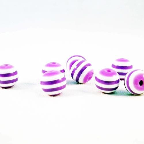 Pdl60 - lot de 5 perles à rayures lilas mauve violet pâle zébrées de 8mm de diamètre bateau mer plage voilier 