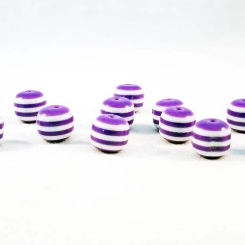 Pdl61 - lot de 5 perles à rayures lilas mauve violet foné zébrées de 8mm de diamètre bateau mer plage voilier 