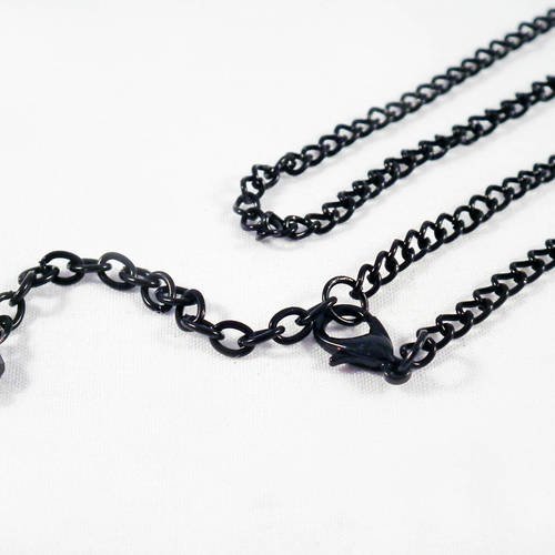 Collier à chaîne 74cm noir mailles avec fermoir à mousqueton extension et mini breloque goutte facette cristal 