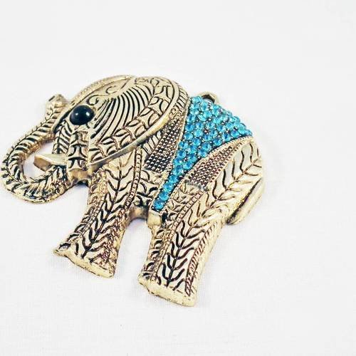 Grande breloque pendentif éléphant chanceux avec strass bleu yeux noir couleur doré antique 