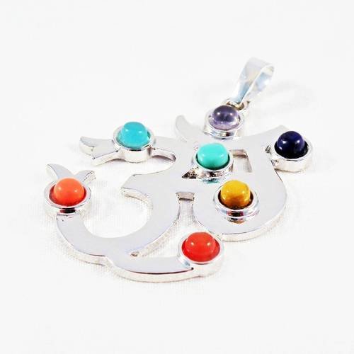 Bz91 - breloque pendentif plaqué or blanc 18k et 7 chakras en pierres centres d'énergie corps astral médaille médaillon troisième 