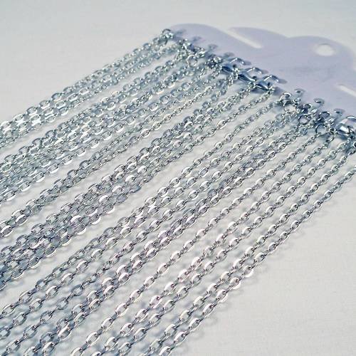 Lot de 12 colliers à chaîne mailles plate argent mat avec fermoir à mousqueton, longueur 45cm 