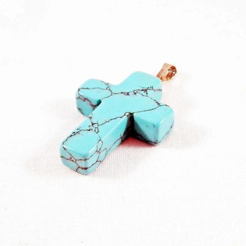 Magnifique breloque pendentif croix en verre howlite turquoise à motifs avec bélière 