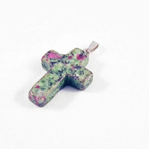Magnifique breloque pendentif croix en verre rubis de couleur vert et violet motifs avec bélière 