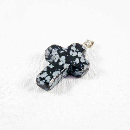 Magnifique breloque pendentif croix en verre obsidian flocon snowflake noir gris avec bélière 