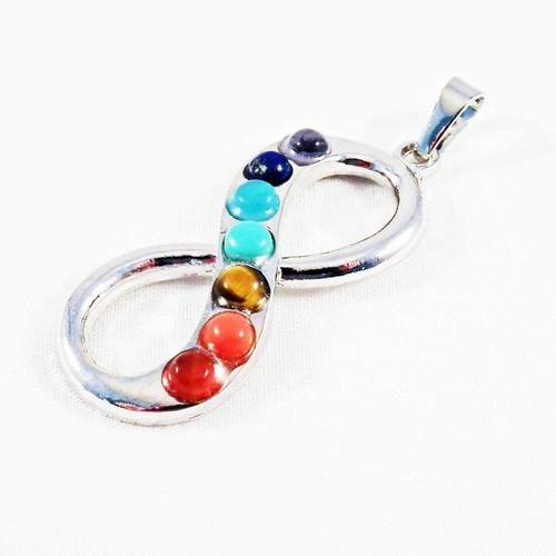 Bz88 - breloque pendentif plaqué or blanc 18k et 7 chakras en pierres centres d'énergie corps astral symbole infini inifinité 