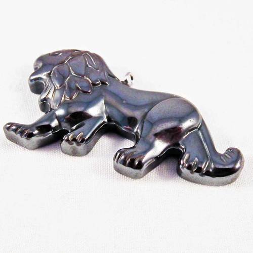 Bdp63 - magnifique grande breloque pendentif en hématite noir lion animal jungle 
