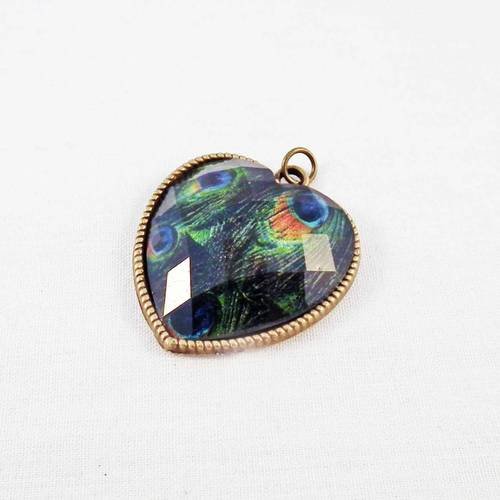 Pendentif breloque cabochon en verre en forme de coeur bronze motif paon plumes 