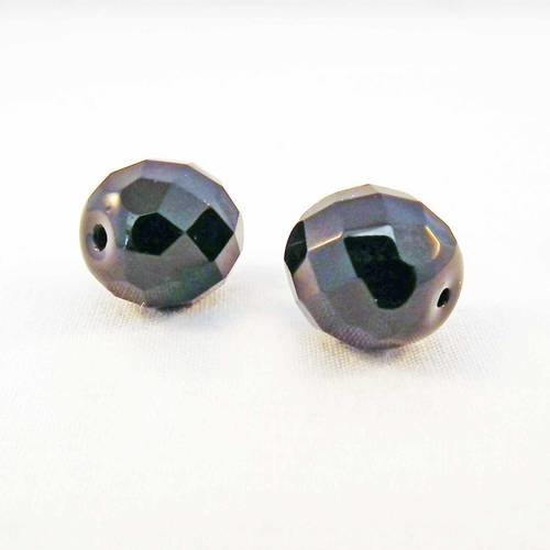 Pac91 - 2 perles précieuses noires à reflets 12mm x 10mm en cristal à facettes 