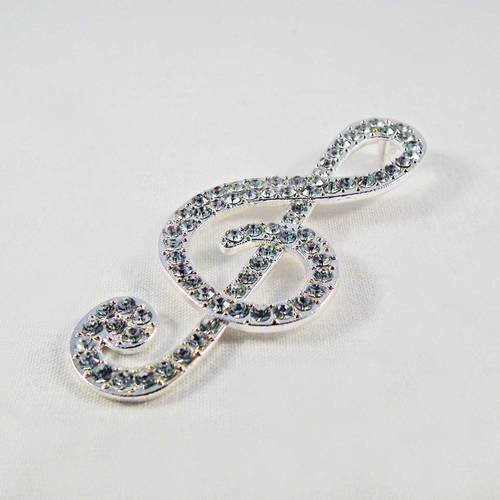 Grande clé de sol argentée avec cristaux swarovski argentés 