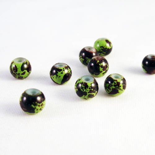 Pdl95 - 5 rares perles 6mm en verre motifs vert olive rayure marron moucheté 