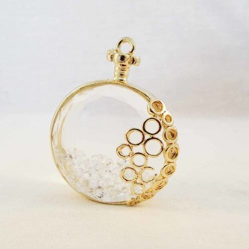 Grande breloque pendentif doré en verre transparent flacon parfum perles cristal flottant légères imperfections 
