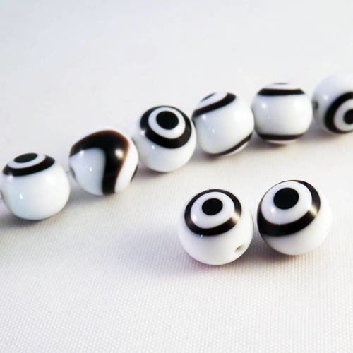 Pdl55 - 2 perles en verre blanc noir à motifs oeil grec chanceux rayures cible rare 