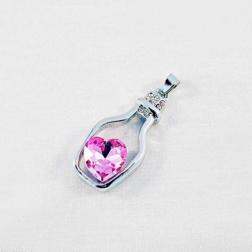 Joli pendentif breloque bouteille à la mer coeur en cristal rose fuchsia et strass style swarovski 